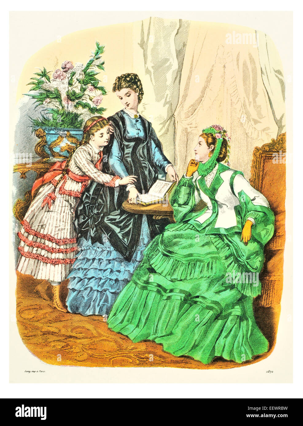 La Mode Illustree 1870 trajes de época victoriana moda vestido vestidos vestido falda velo cuff lujos tapa muselina bordado Foto de stock