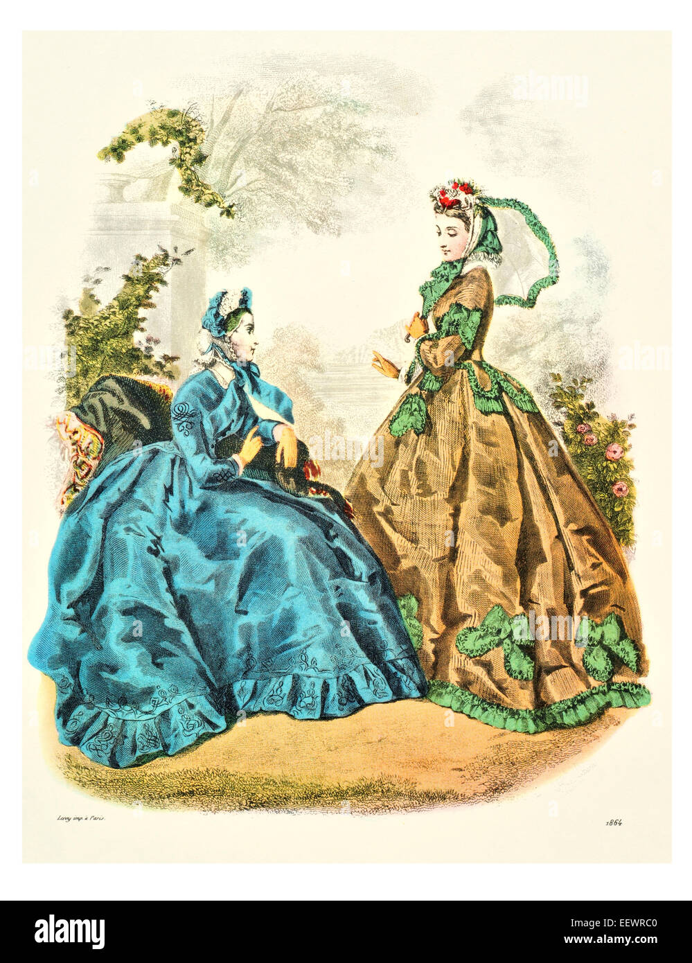 La Mode Illustree 1864 trajes de época victoriana moda vestido vestidos vestido falda velo cuff lujos tapa muselina bordado Foto de stock