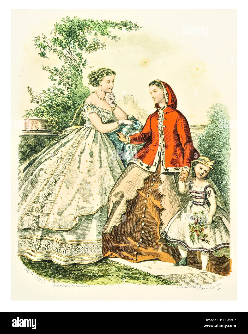 La Mode Illustree 1865 trajes de época victoriana moda vestido vestidos vestido falda velo cuff lujos tapa muselina bordado Foto de stock