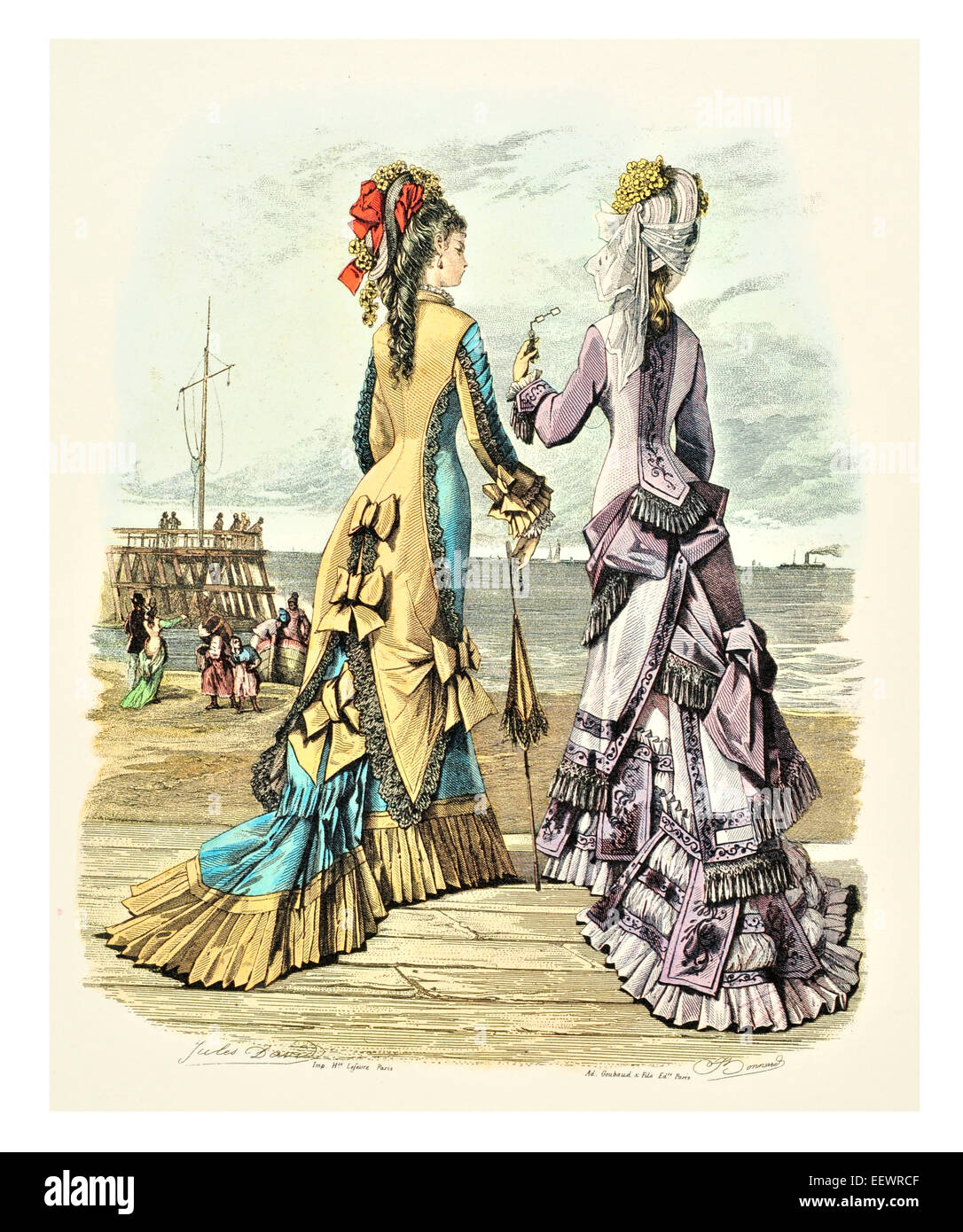 La Mode Illustree trajes de época victoriana moda vestido vestidos vestido falda velo cuff lujos tapa muselina beach promenade pier Foto de stock