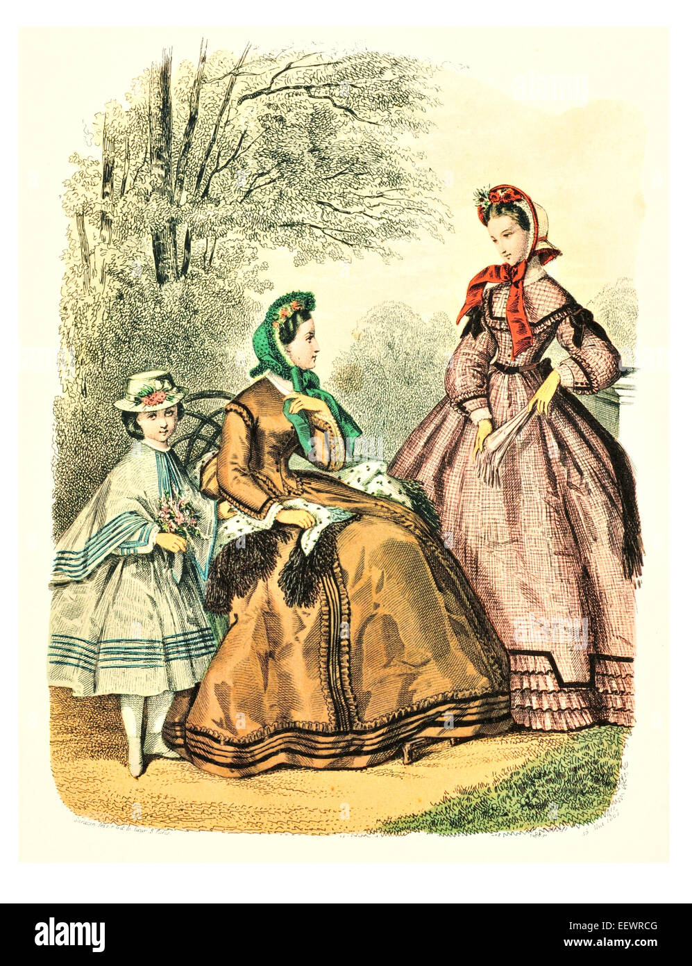 La Mode Illustree 1863 trajes de época victoriana moda vestido vestidos vestido falda velo cuff lujos tapa muselina bordado park Foto de stock