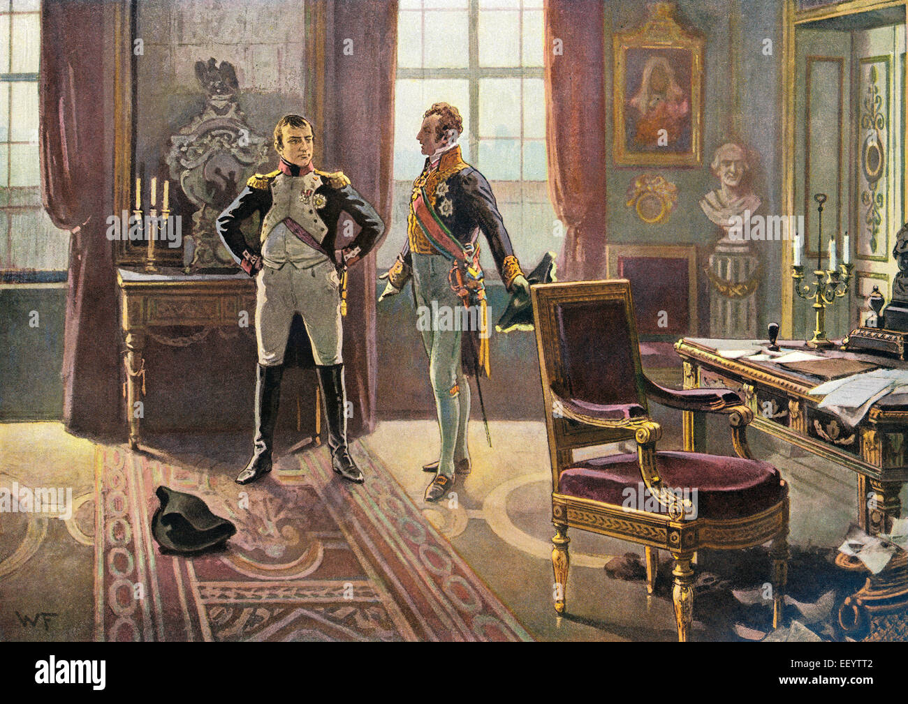 I. Napoleón Bonaparte con el príncipe Metternich durante la reunión en Dresde, 26.06.1813, pintura histórica por W. Friedrich, Nap Foto de stock