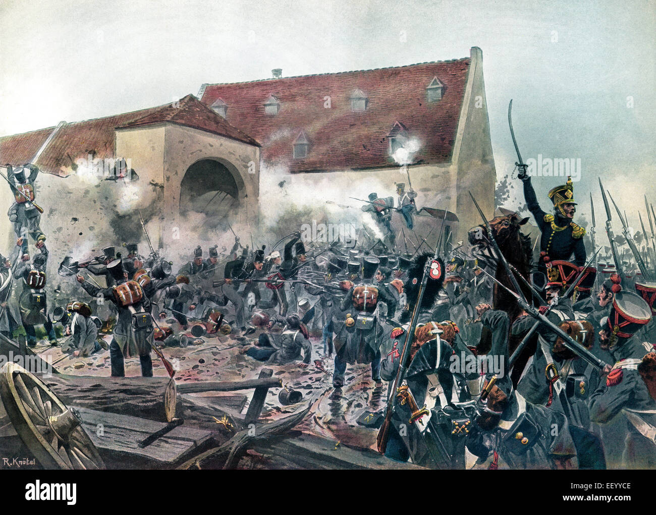 Los franceses atacan una granja cerca de la Haye-Sainte celebrada por las tropas anglo-germánica, La Batalla de Waterloo, el 18 de junio de 1815, las guerras napoleónicas, Foto de stock