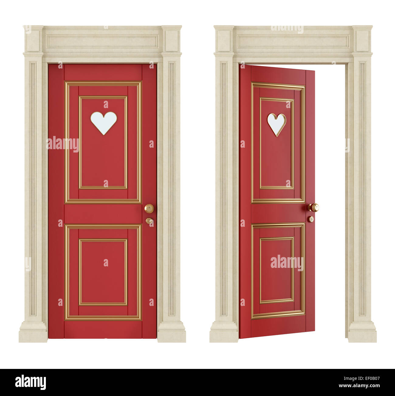 Abrir y cerrar puertas rojas decoradas con corazones aislados en blanco -  3D Rendering Fotografía de stock - Alamy