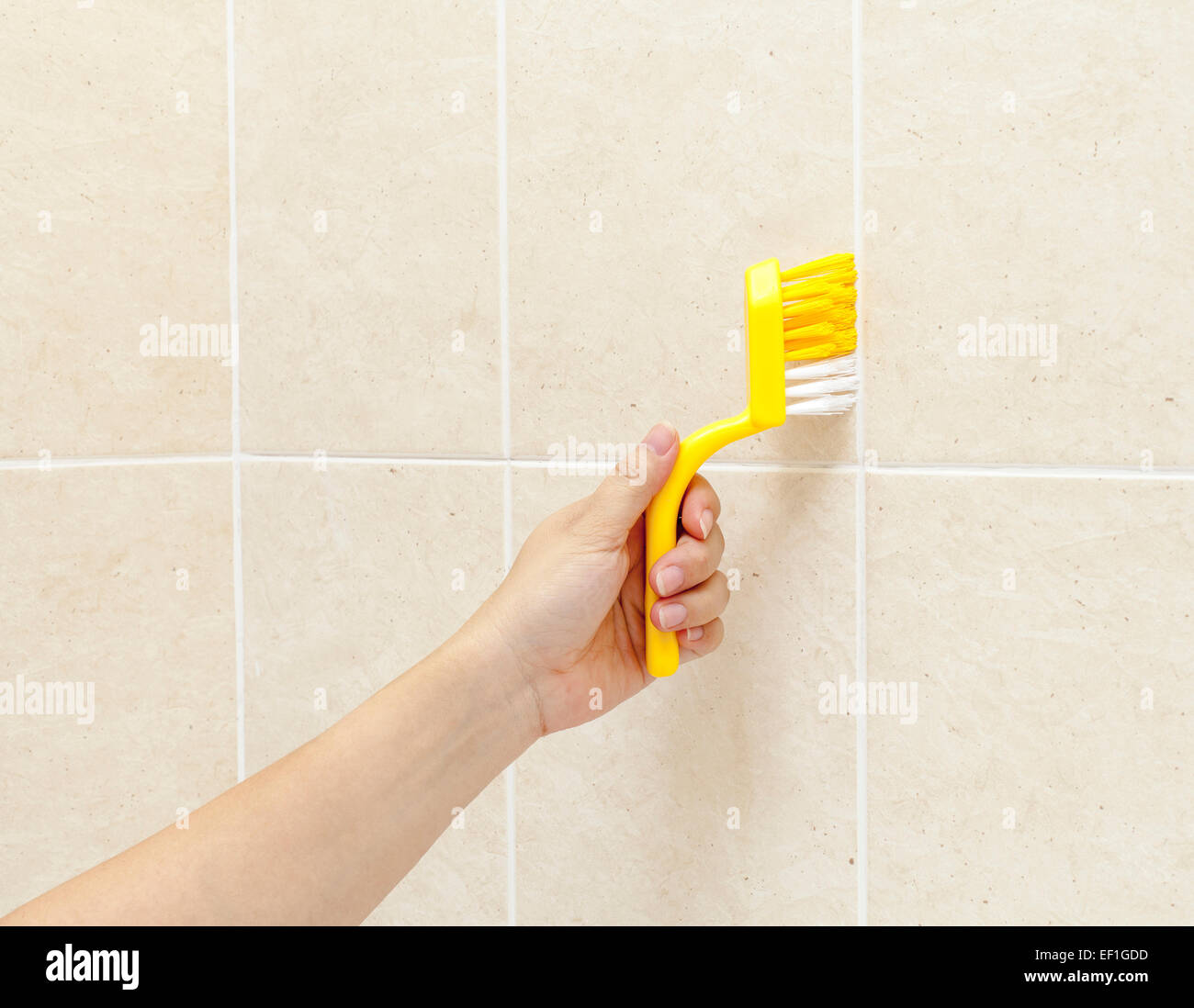 Mujer con cepillo para lavar azulejos de la ducha Foto de stock