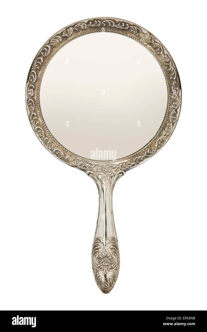 Espejo de mano de plata Vista Frontal aislado sobre fondo blanco. Foto de stock