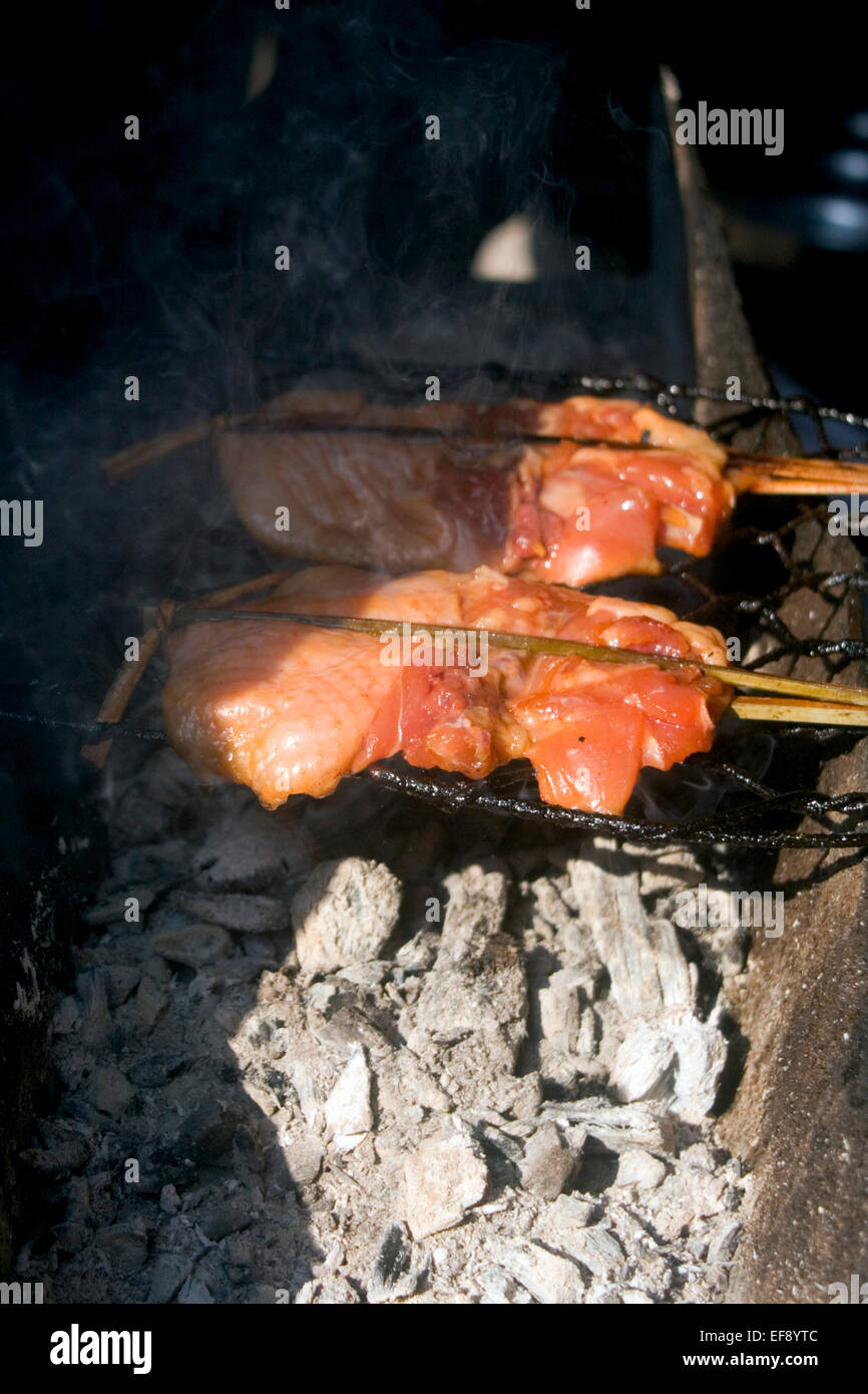 Se están cocinando la carne en una barbacoa improvisada sobre brasas en una calle de la ciudad de Kampong Cham, Camboya. Foto de stock