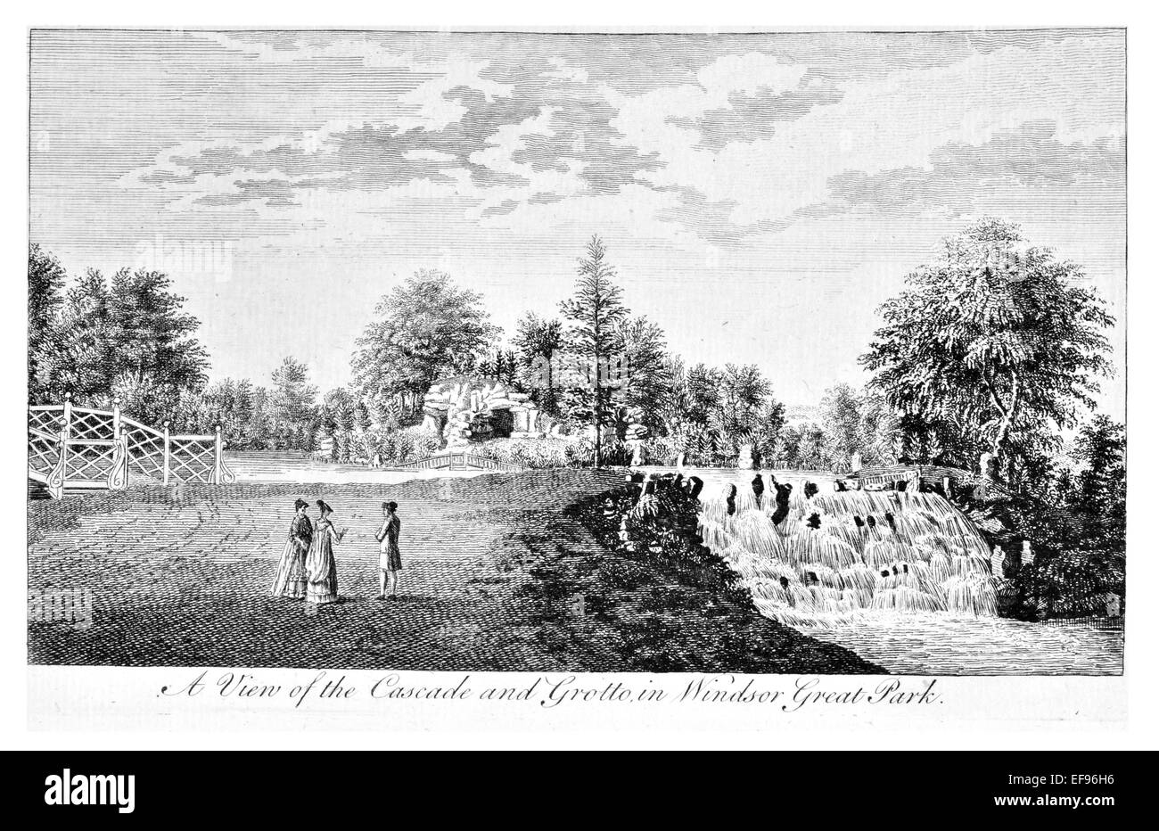 Grabado en cobre de 1776 bellezas paisajísticas más elegantes de Inglaterra magníficos edificios públicos.Windsor Great Park gruta en cascada Foto de stock