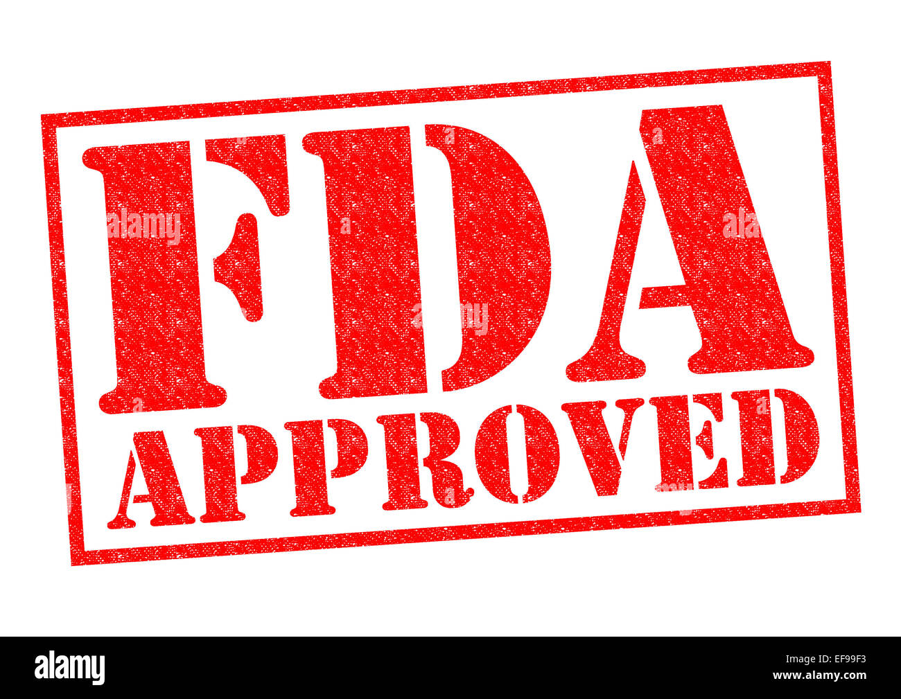 La FDA aprobó el sello de goma roja sobre un fondo blanco. Foto de stock