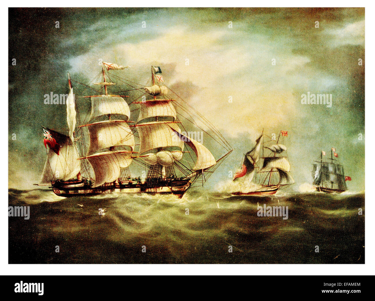 H.M.SS. Hermes y Belle Poule capturando goleta Gipsey 1812 Foto de stock