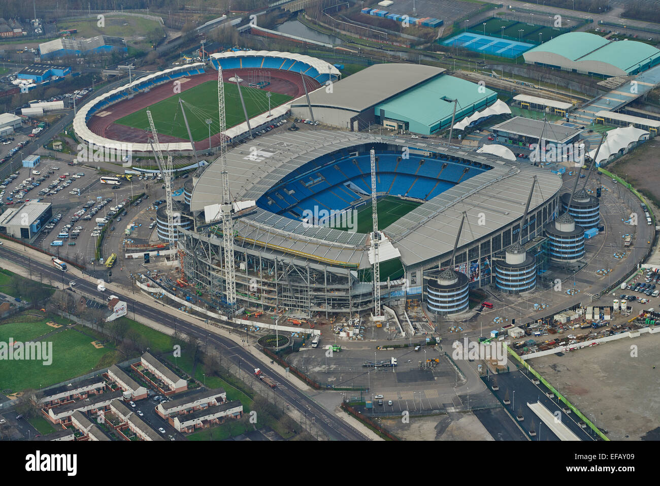 Una vista aérea de la ciudad de Manchester Stadium, hogar del Manchester City FC Foto de stock
