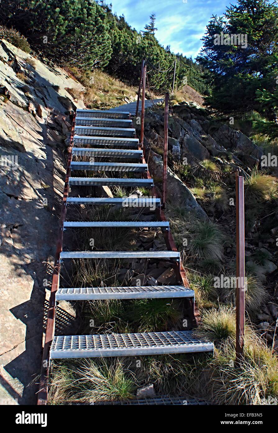 Escalera de montaña ruta de pie en las montañas Krkonose - Bradlerova cesta cerca de Spindleruv Mlyn Foto de stock