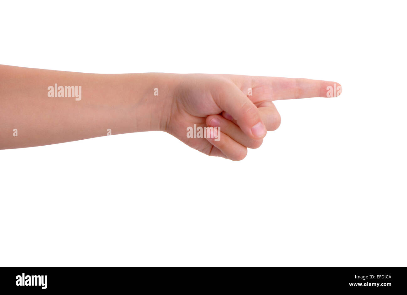 Bebé apuntando el dedo índice aislado sobre fondo blanco. Foto de stock