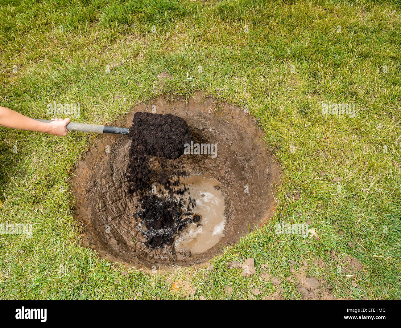 Primer plano de la mano del jardinero arrojando jardín suelo mediante el uso de la bayoneta en un hoyo cavado en el patio antes de plantar un árbol nuevo Foto de stock