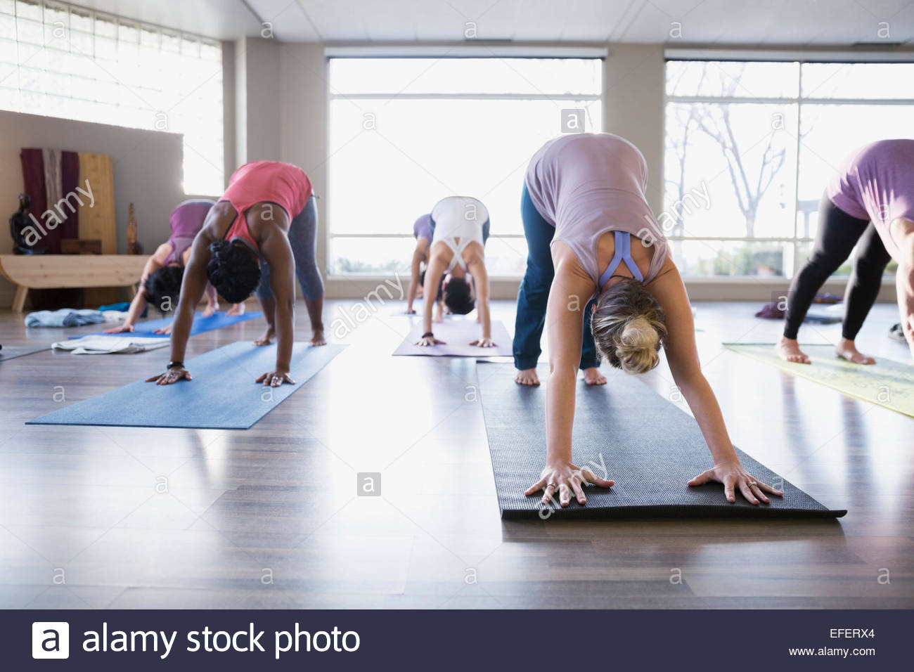 Las mujeres que practican el perro boca abajo en clase de yoga Foto de stock