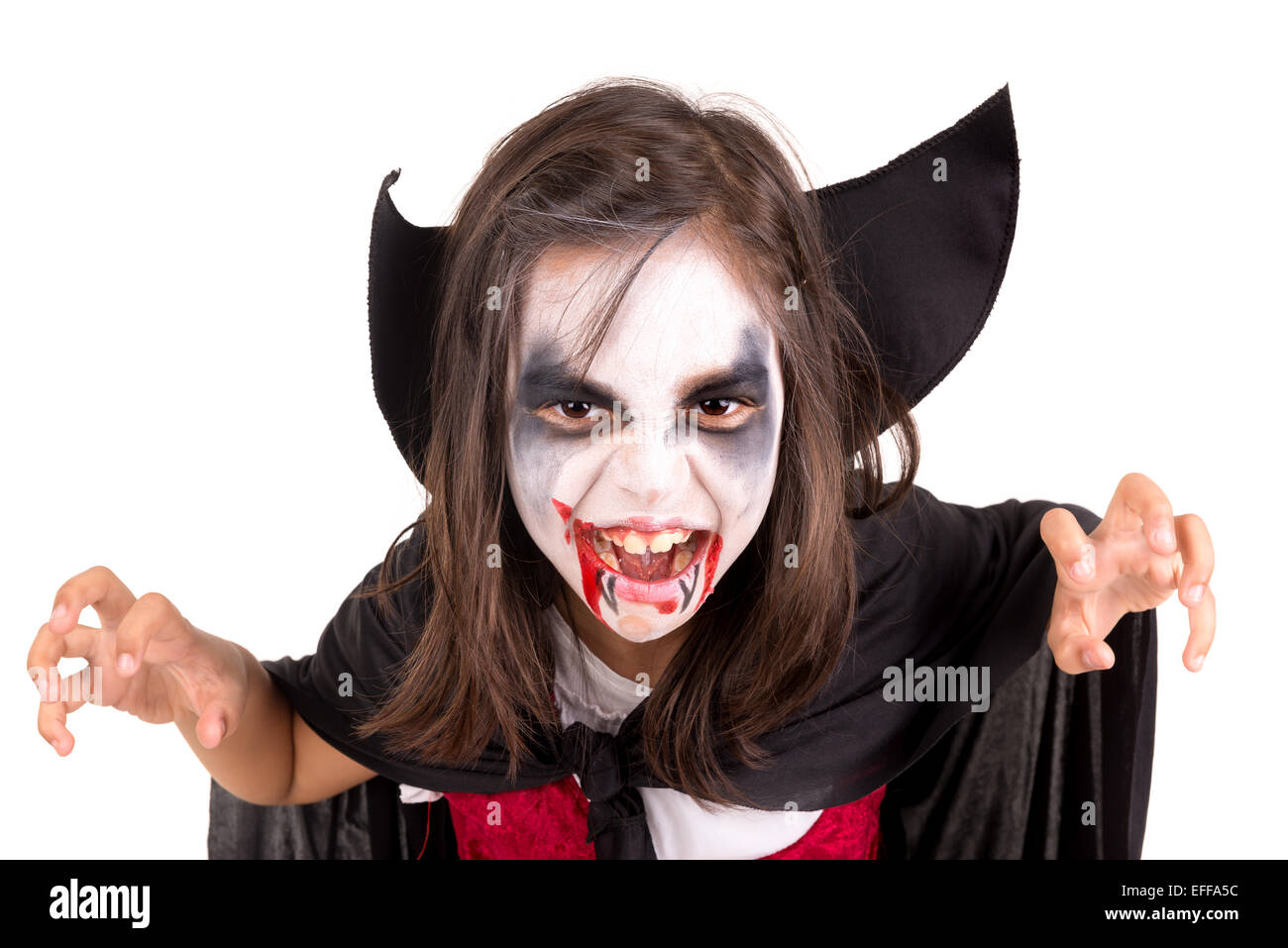 Chica con la pintura facial y vampiro Halloween Costume aislados en blanco  Fotografía de stock - Alamy