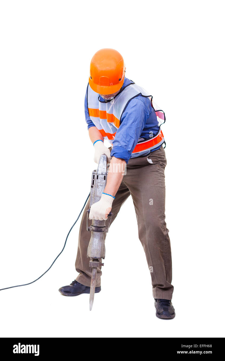 Trabajador con taladro percutor neumático equipos aislados sobre blanco  Fotografía de stock - Alamy