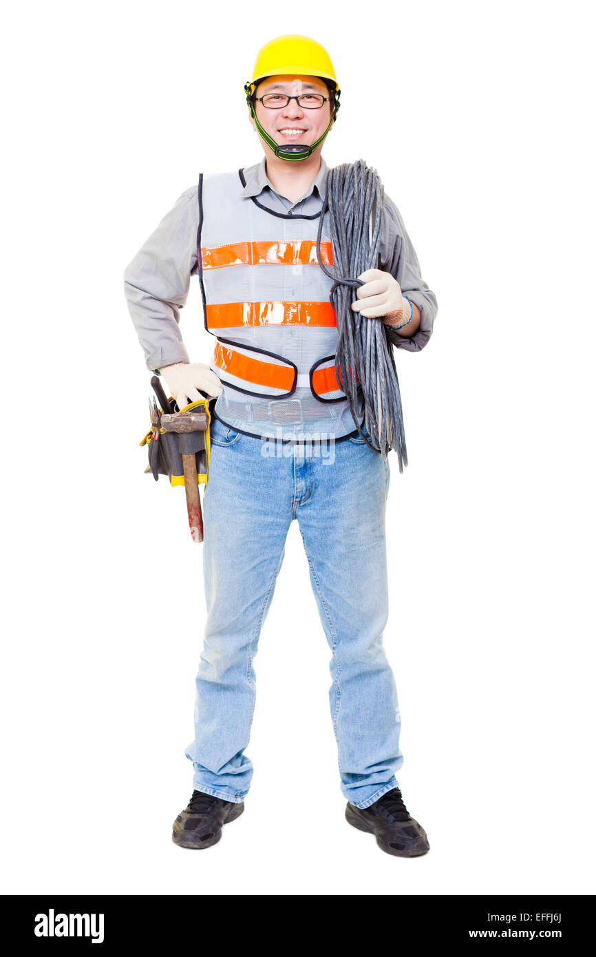 Trabajador feliz con cable eléctrico y casco Foto de stock