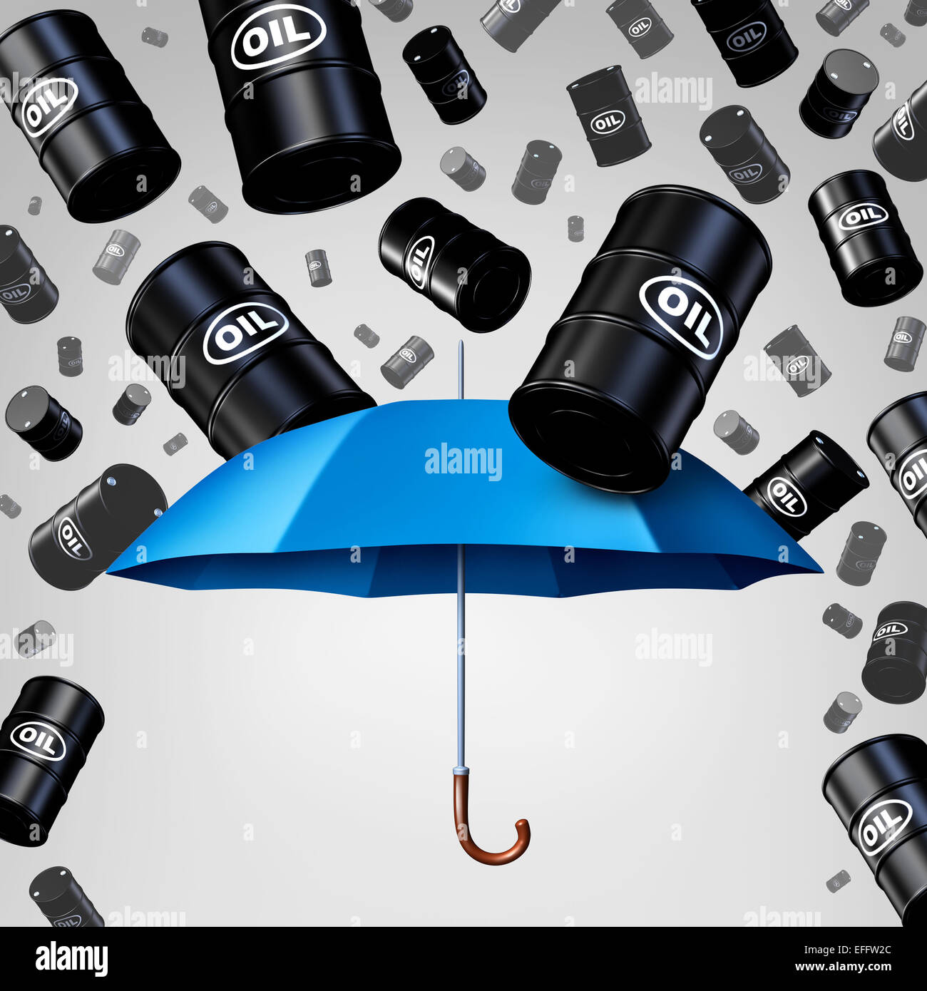 Concepto de protección de aceite cayendo como un grupo de barriles de petróleo crudo que llueven con un paraguas azul como una metáfora de la seguridad como un símbolo de la disminución de los precios de la energía fósil, debido a la sobreoferta. Foto de stock
