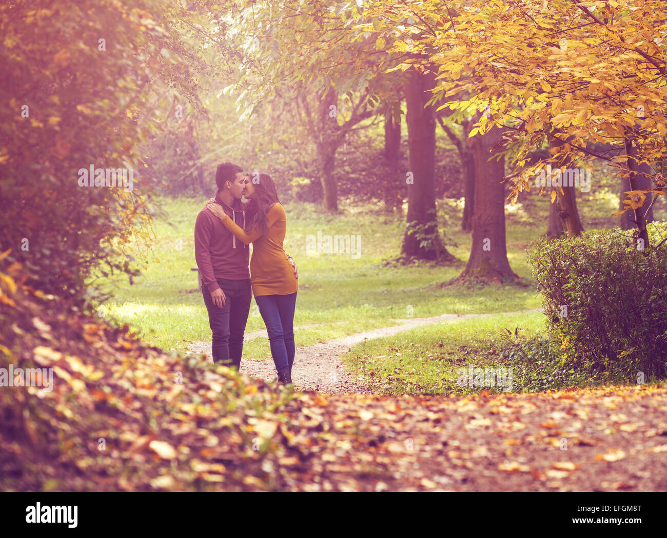 Amor pareja caminando en el bosque de otoño colorido Foto de stock