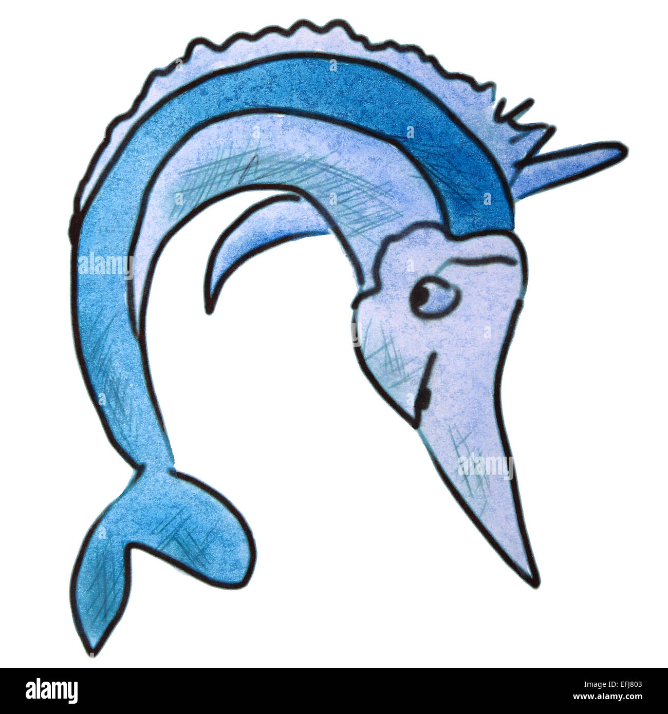 Acuarela pescado azul figura de la historieta, aislado fondo blanco. Foto de stock