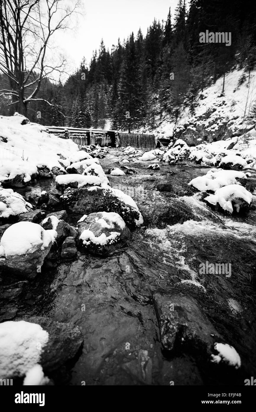 Río que fluye montaña abajo a través de la presa de madera Foto de stock