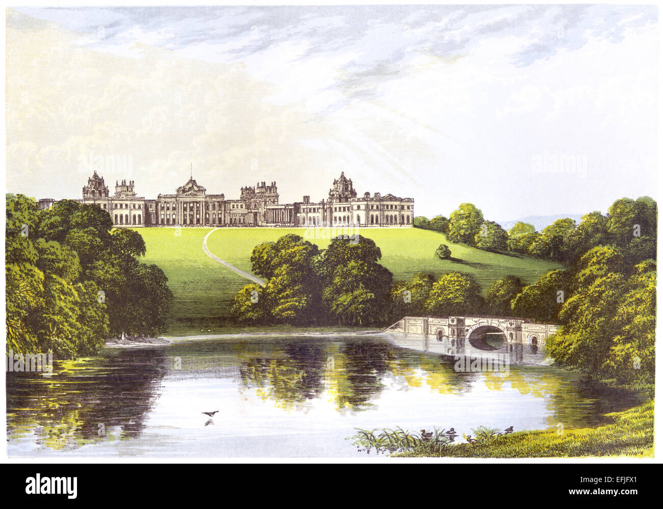 Una ilustración coloreada del palacio de Blenheim, Woodstock, Oxfordshire Reino Unido escaneada en alta resolución de un libro impreso en 1870. Se cree que los derechos de autor son libres Foto de stock