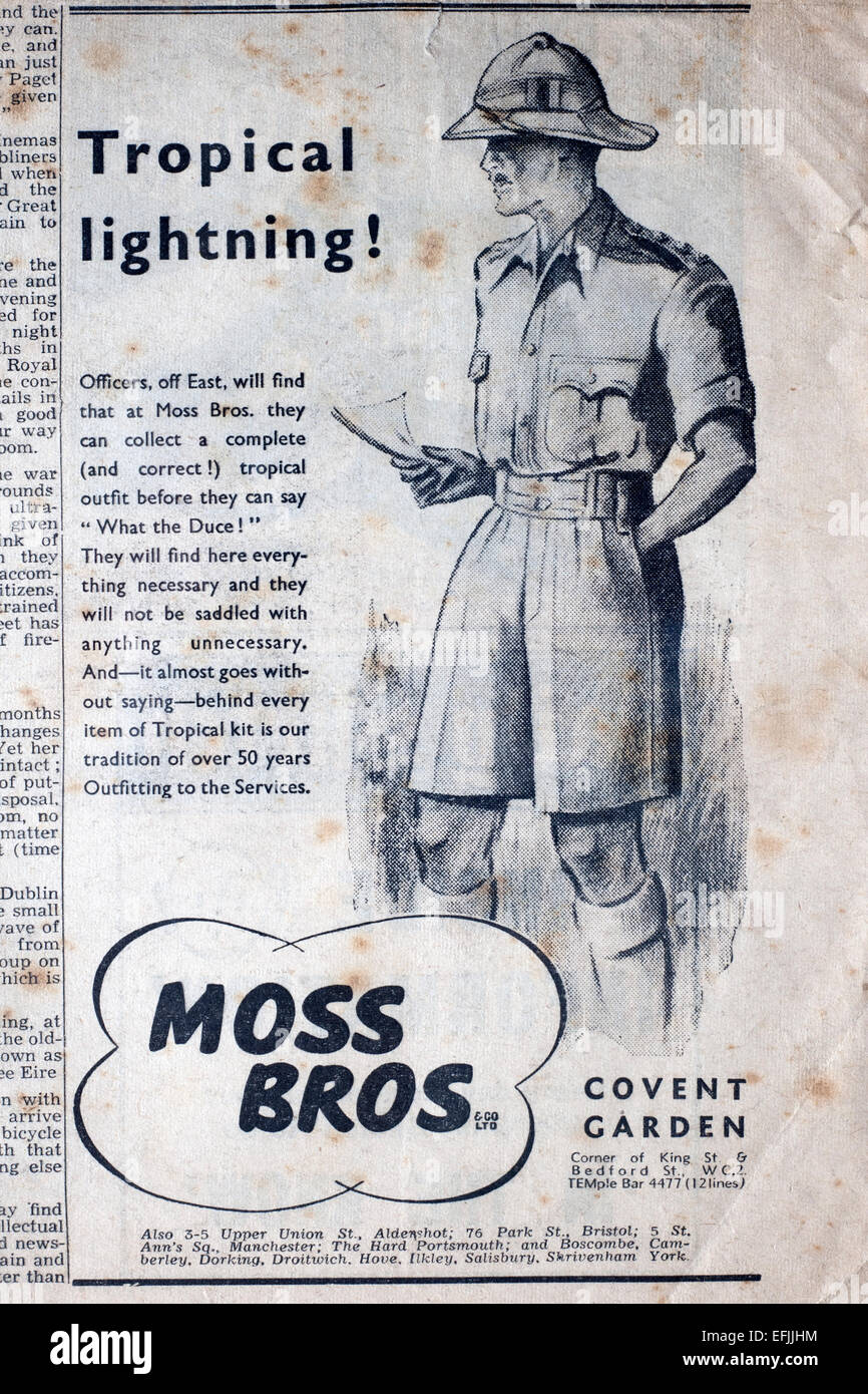 Anuncio de periódico cortando desde finales de la década de los 30 o  principios de los cuarenta para moss bros oficiales ropa tropical  Fotografía de stock - Alamy