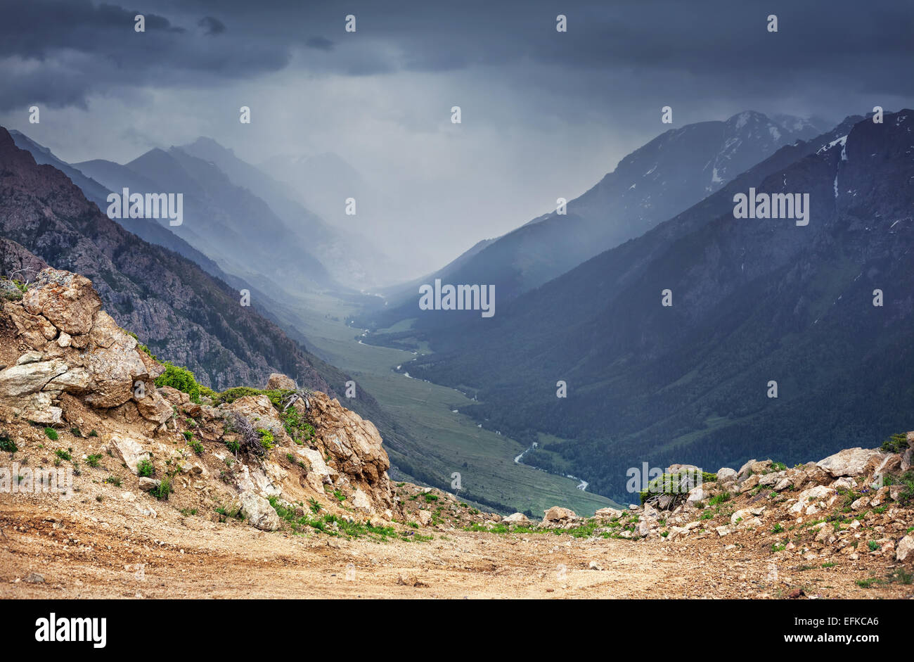 Valle de montaña con río y nublado cielo gris de Dzungarian Alatau Kazajstán, Asia Central Foto de stock