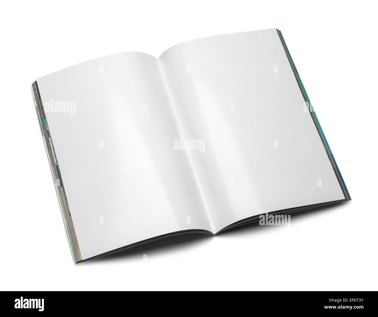 Revista abierta con copia espacio aislado sobre fondo blanco. Foto de stock