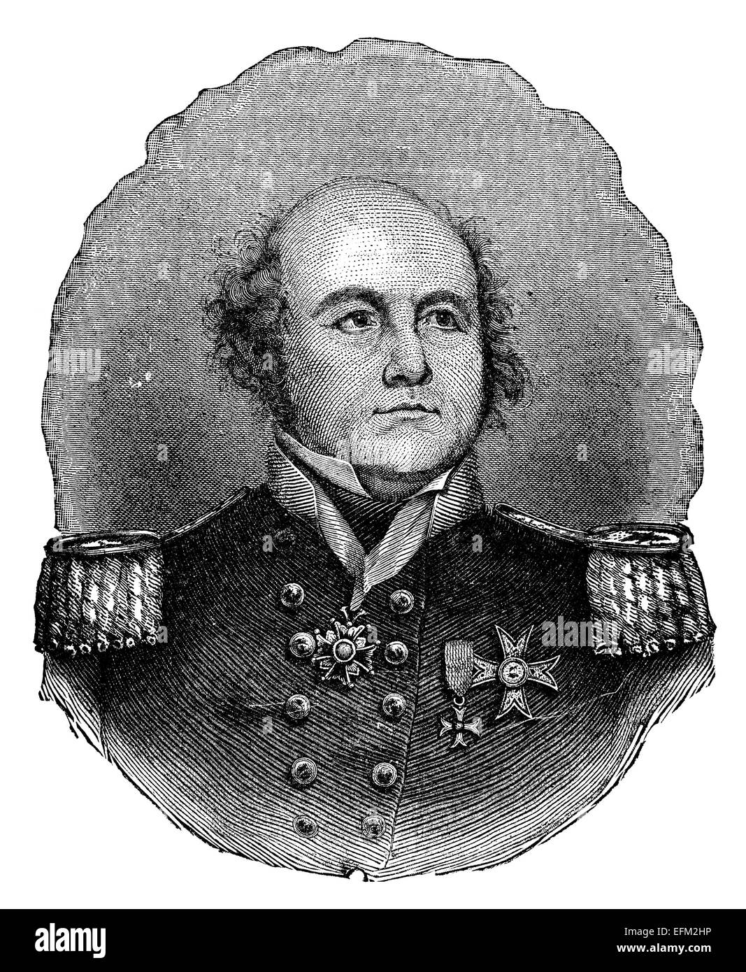 Grabado del siglo XIX de John Franklin que vestía uniforme militar con medallas Foto de stock