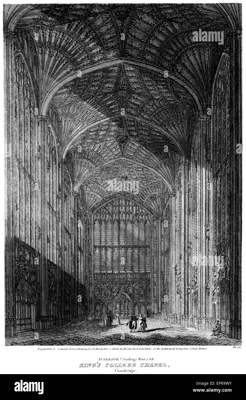Un grabado del interior de la capilla de King's College, Cambridge escaneadas en alta resolución de una publicación impresa en 1805. Foto de stock
