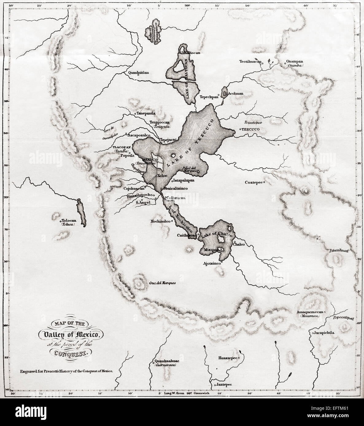 Mapa del Valle de México, como lo fue en 1519, cuando el conquistador español Hernán Cortés llegó. Foto de stock