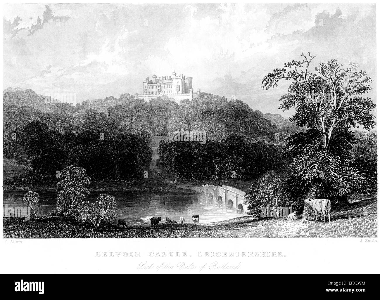 Grabado de Castillo de Belvoir, Leicestershire - Asiento del duque de Rutland escaneadas en alta resolución desde un libro impreso en 1845 Foto de stock