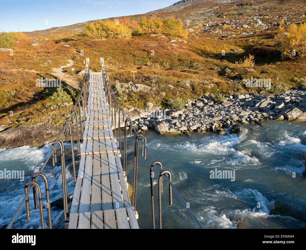 Puente de cuerdas, cordillera Strynefjell, otoño, verano indio, ruta de senderismo Foto de stock