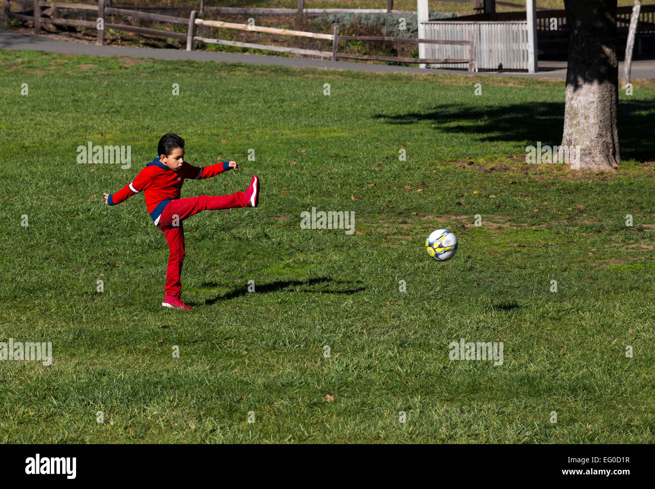Muchacho joven hispana aprendiendo a jugar fútbol pateando una pelota de fútbol mientras jugaba al fútbol en el Parque pionero en la Ciudad de Novato California Foto de stock