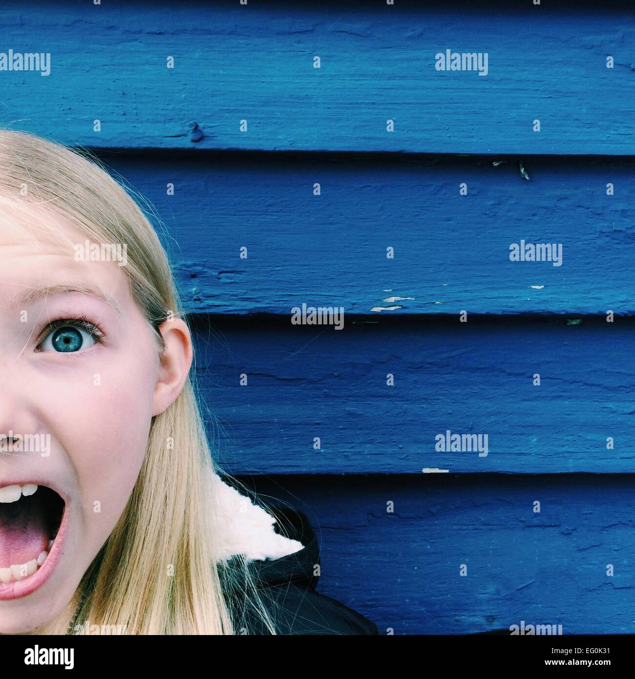 Retrato de una niña con su boca abierta gritando Foto de stock