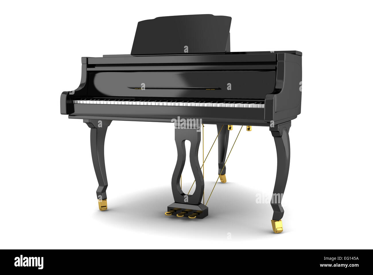 Grand piano negro aislado en blanco con Foto de stock