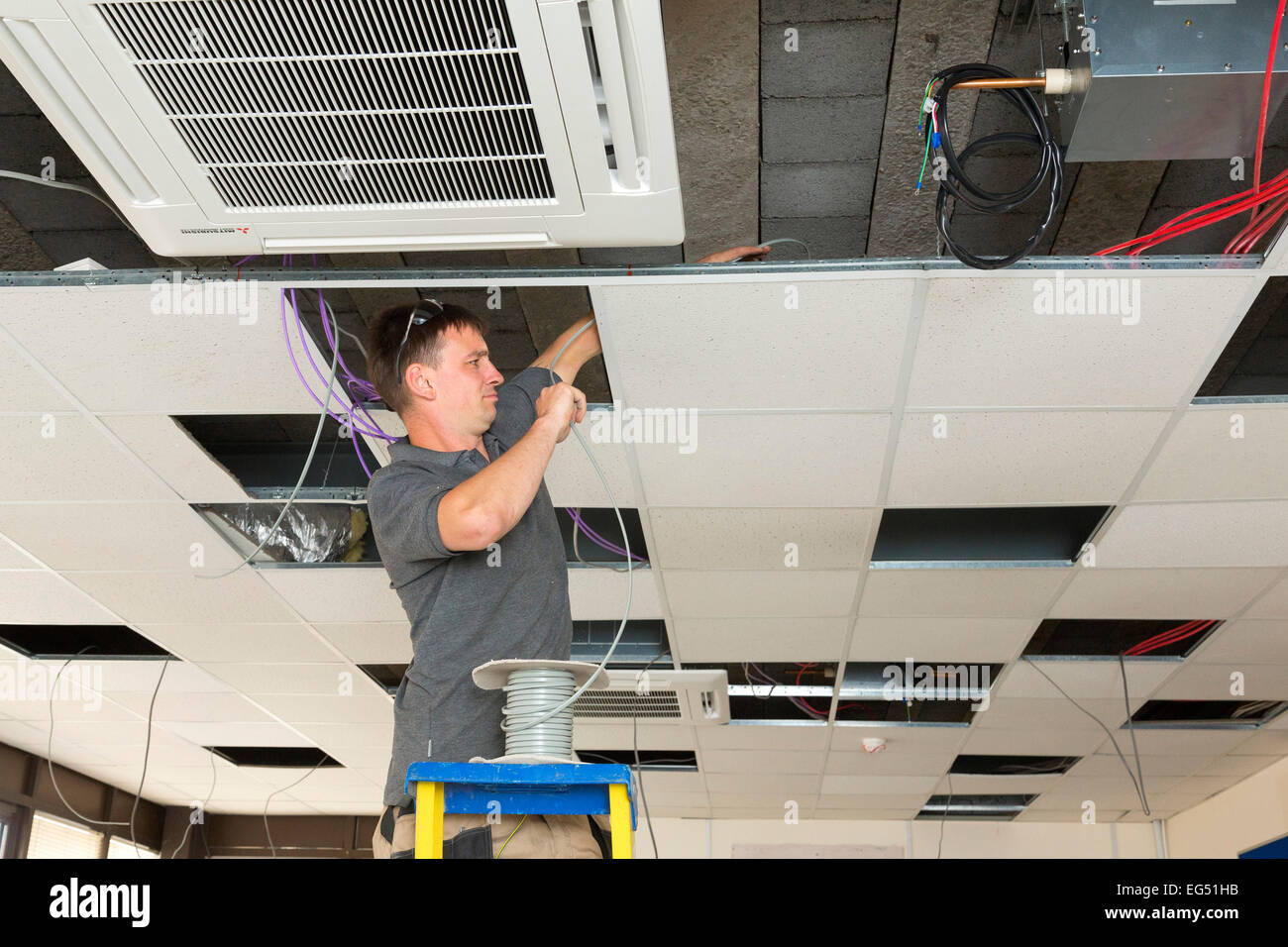 Instalación de cables de electricista sobre el falso techo Fotografía de  stock - Alamy