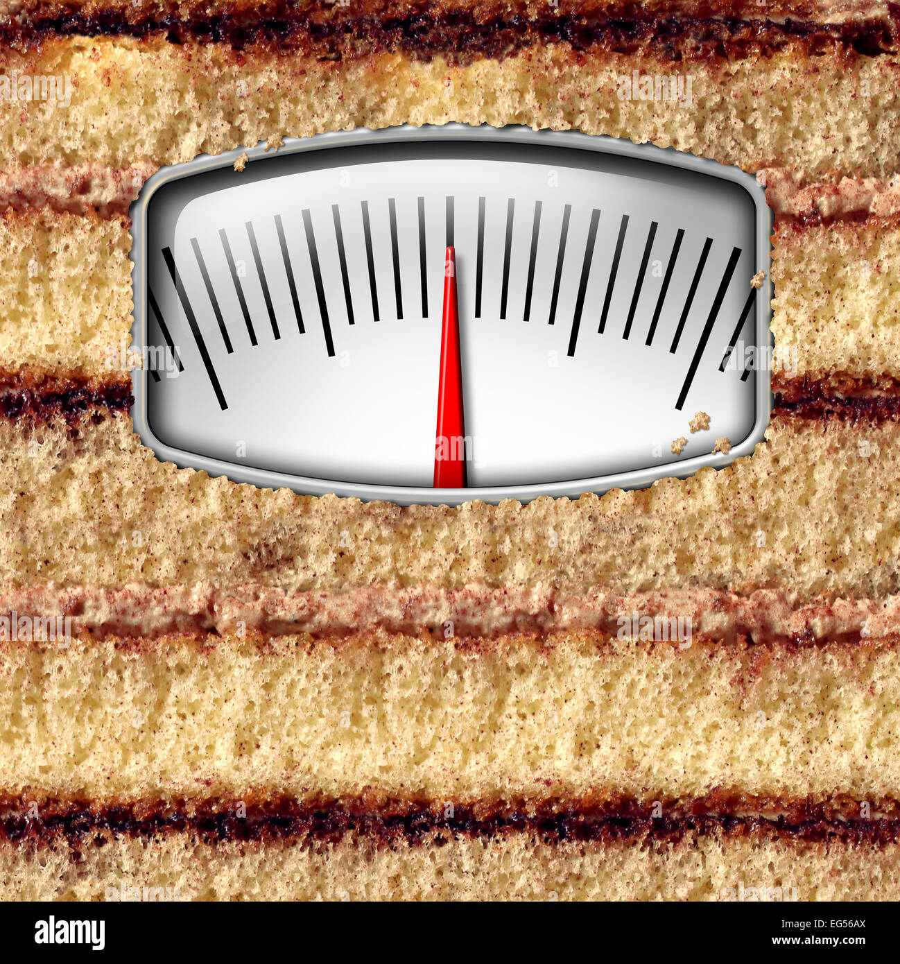 Concepto de escala de peso dieta y contar calorías símbolo como una tarta con un kilo o libra, equipos de medición como una metáfora de la tentación de comer. Foto de stock