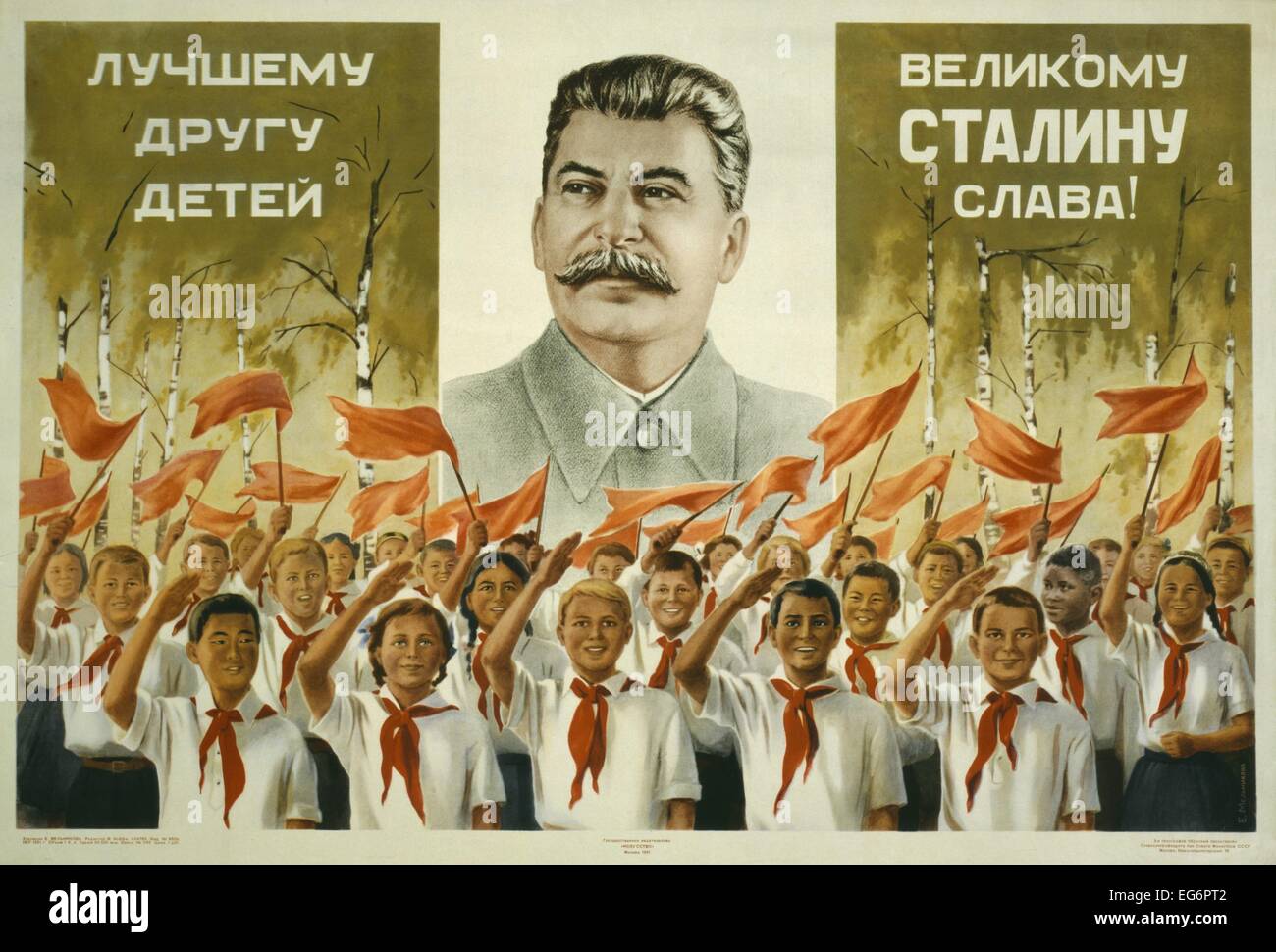 "El gran amigo de los niños Gloria al gran Stalin." retratos de Stalin sobre Jóvenes Pioneros