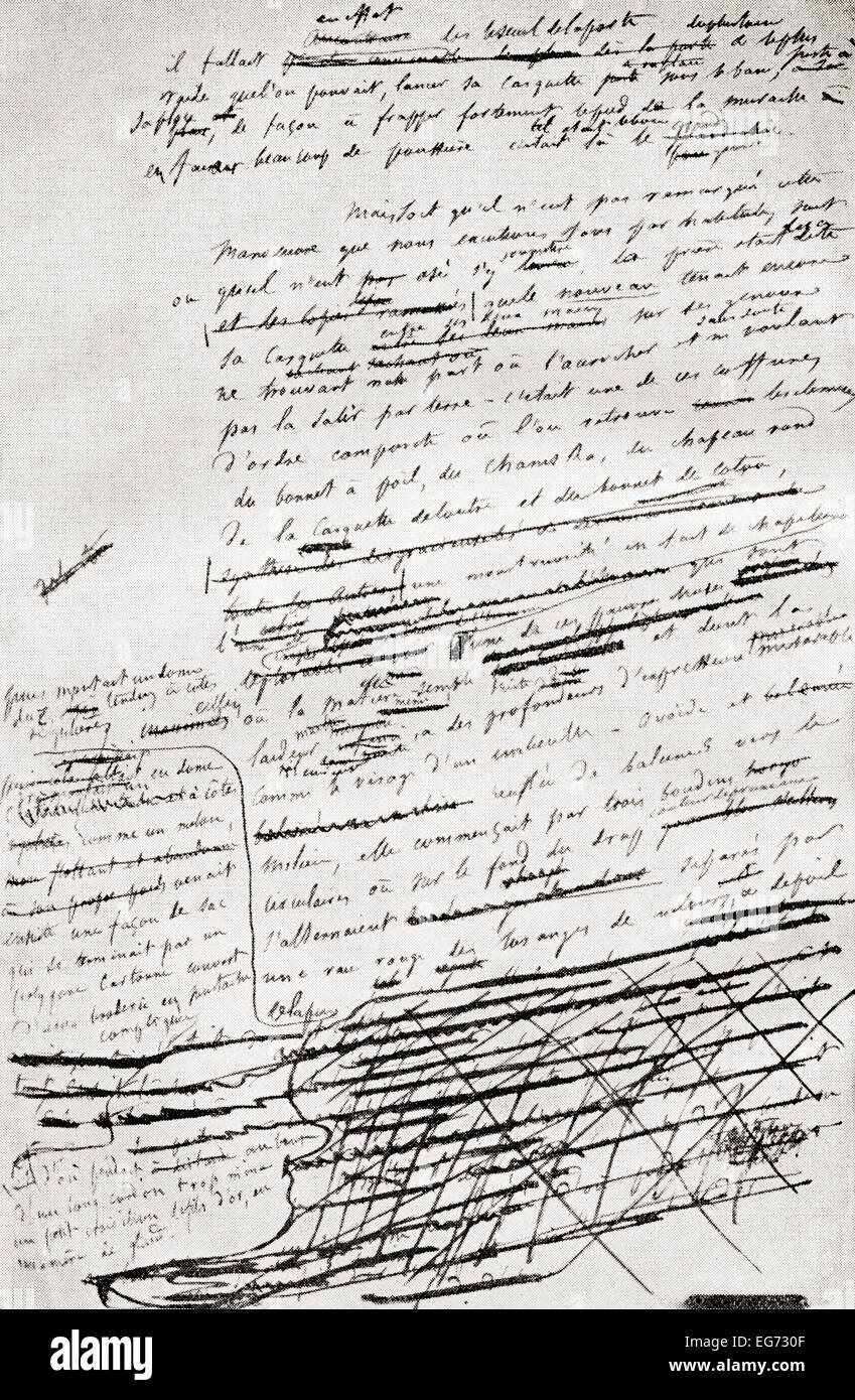 A partir de una página en el manuscrito de Madame Bovary de Gustave Flaubert la escritura a mano. Foto de stock