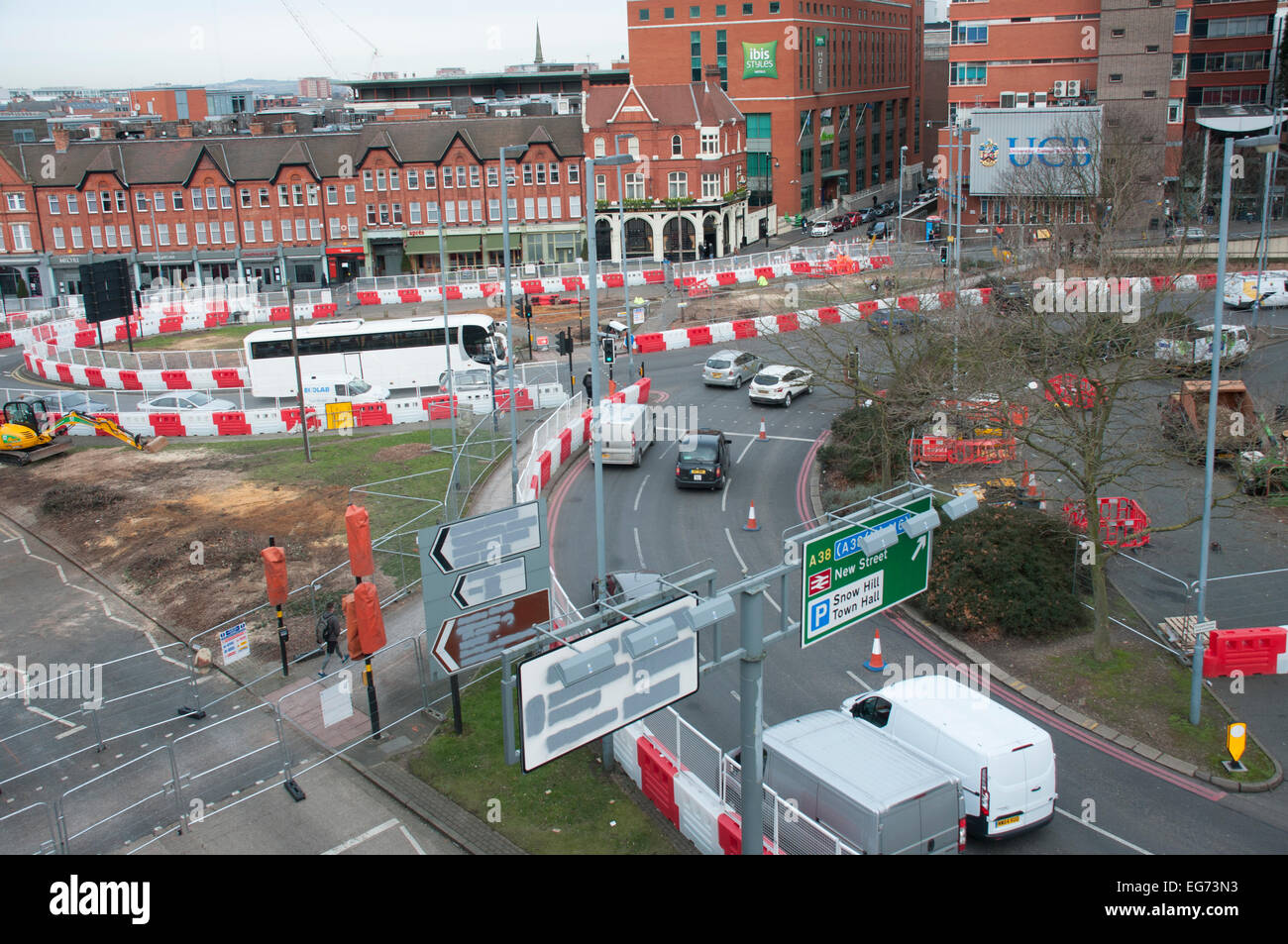 Obras viales en el centro de Birmingham Foto de stock