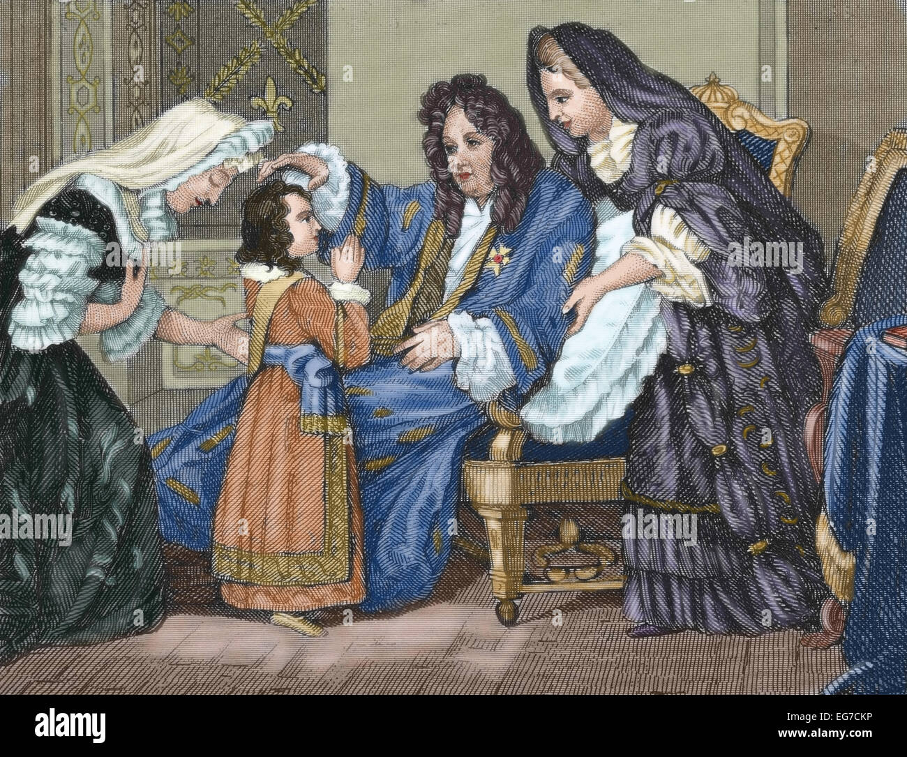 Louis XIV (1638-1715), rey de Francia, con su nieto. Grabado. Coloreada. Foto de stock