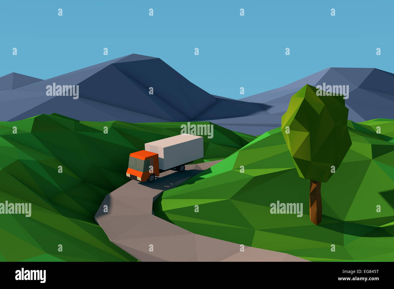 3d baja poli paisaje del estilo de dibujos animados con el camión en la  carretera Fotografía de stock - Alamy
