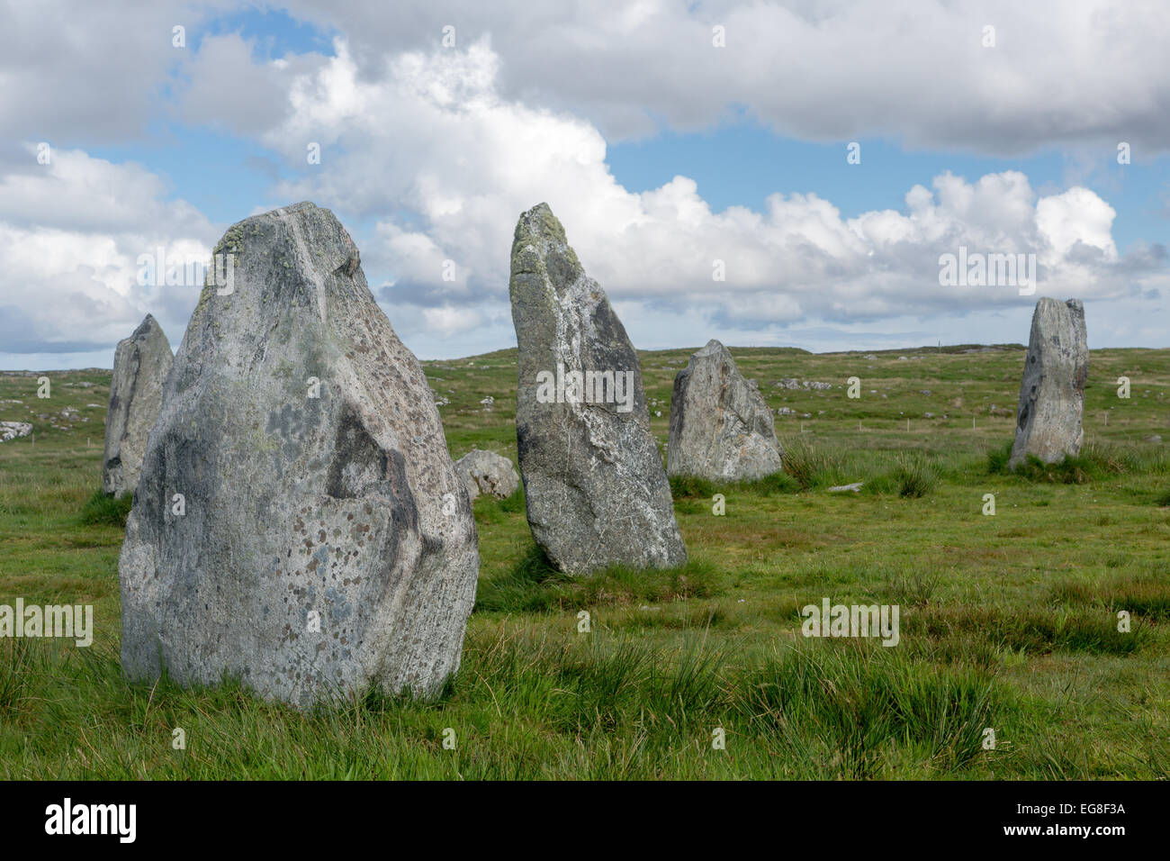 Círculo de piedra megalítica de 3000 a.c. en la isla de Lewis y Harris, Hébridas Exteriores, Escocia Foto de stock