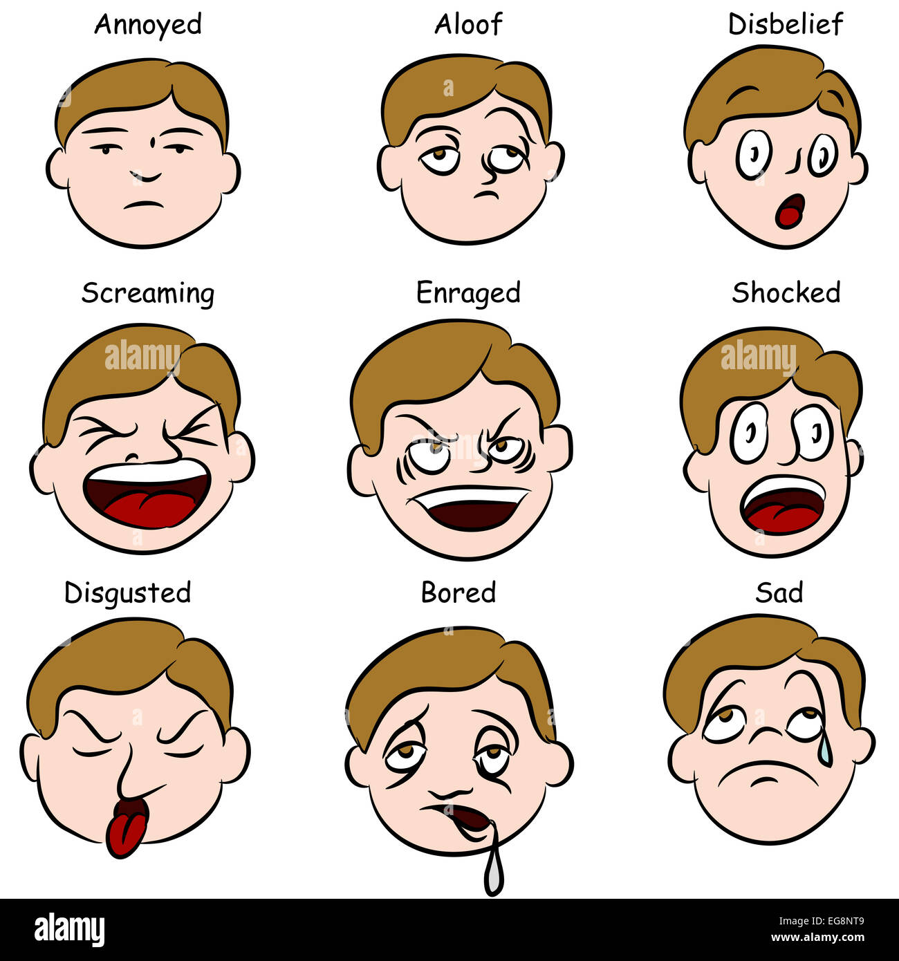 Una imagen de un conjunto de expresiones faciales Fotografía de stock