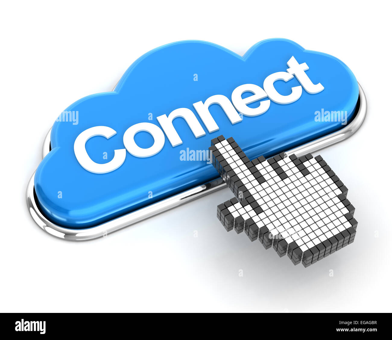 El cursor de mano al hacer clic en un botón de conexión en forma de nube, 3D Render Foto de stock