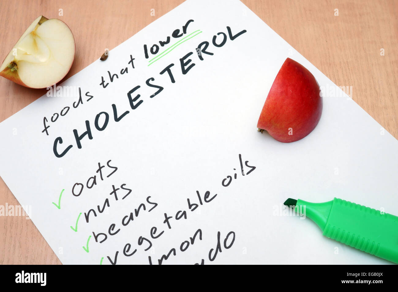 El papel con la lista de alimentos que disminuyen el colesterol. Foto de stock