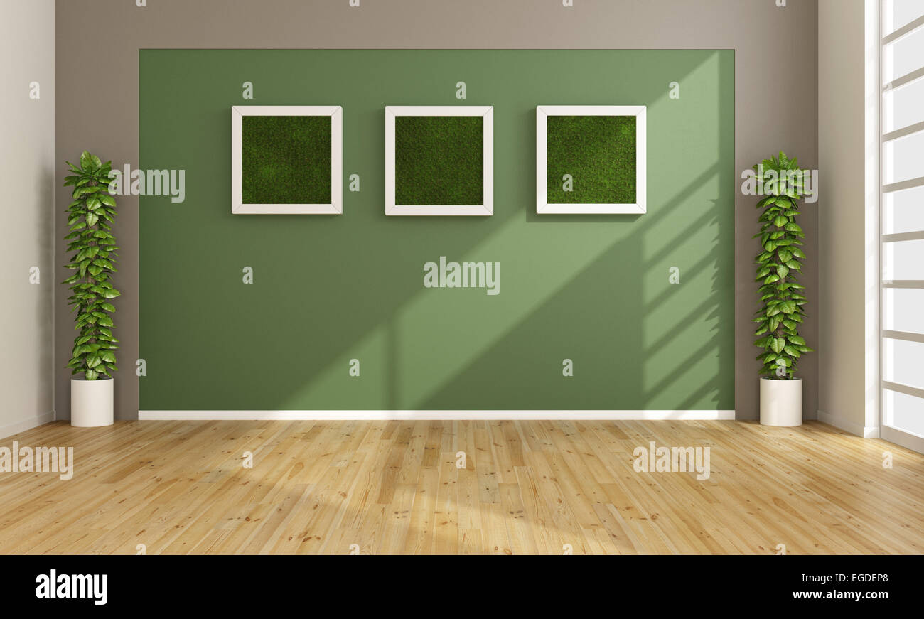 Salón vacío con césped vertical en el bastidor de pared - 3D Rendering Foto de stock